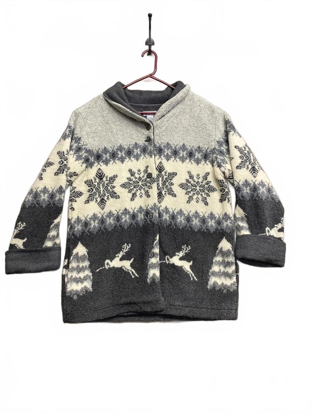 Vtg Y2K Northern Reflections Winter-Themed Grey and White Fleece Jacket Size M